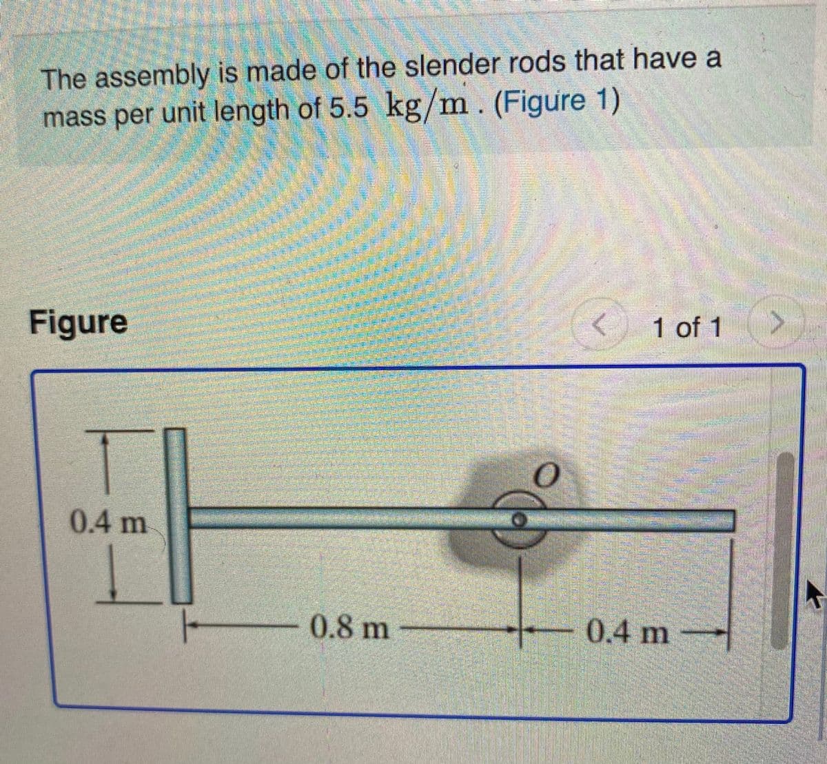 The assembly is made of the slender rods that have a
mass per unit length of 5.5 kg/m. (Figure 1)
Figure
1 of 1
0.4 m
-0.8 m-
0.4 m
