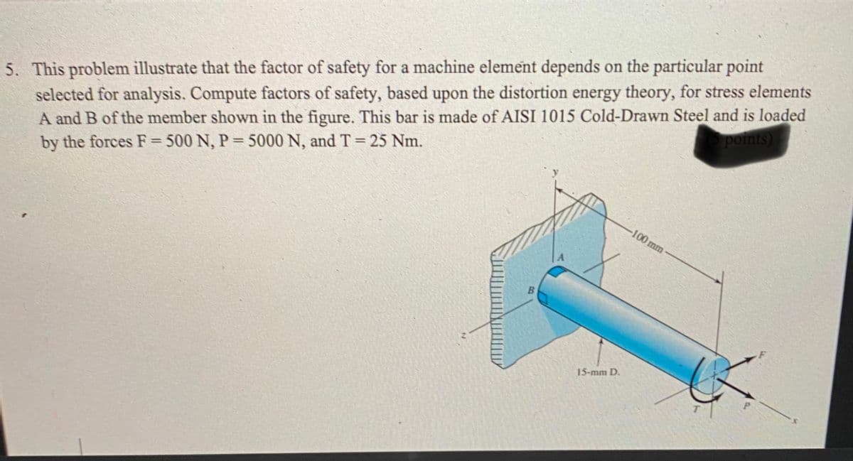5. This problem illustrate that the factor of safety for a machine element depends on the particular point
selected for analysis. Compute factors of safety, based upon the distortion energy theory, for stress elements
A and B of the member shown in the figure. This bar is made of AISI 1015 Cold-Drawn Steel and is loaded
by the forces F= 500 N, P = 5000 N, and T=25 Nm.
points)
%3D
%3D
-100 mm
15-mm D.
