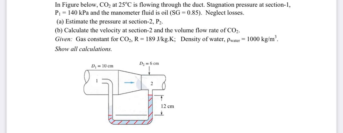 In Figure below, CO2 at 25°C is flowing through the duct. Stagnation pressure at section-1,
P1 = 140 kPa and the manometer fluid is oil (SG = 0.85). Neglect losses.
(a) Estimate the pressure at section-2, P2.
(b) Calculate the velocity at section-2 and the volume flow rate of CO2.
Given: Gas constant for CO2, R = 189 J/kg.K; Density of water, pwater = 1000 kg/m³.
Show all calculations.
D2 = 6 cm
D; = 10 cm
12 cm
