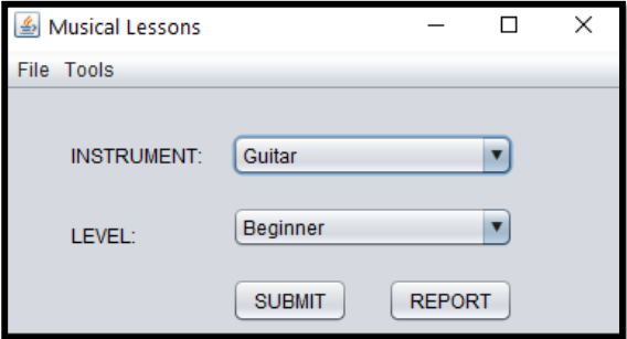 Musical Lessons
File Tools
INSTRUMENT:
LEVEL:
Guitar
Beginner
SUBMIT
I
REPORT
X