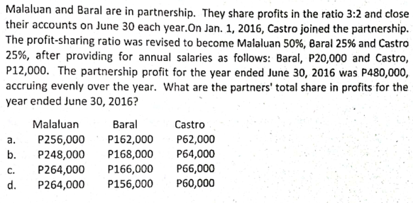 Malaluan and Baral are in partnership. They share profits in the ratio 3:2 and close
their accounts on June 30 each year.On Jan. 1, 2016, Castro joined the partnership.
The profit-sharing ratio was revised to become Malaluan 50%, Baral 25% and Castro
25%, after providing for annual salaries as follows: Baral, P20,000 and Castro,
P12,000. The partnership profit for the year ended June 30, 2016 was P480,000,
accruing evenly over the year. What are the partners' total share in profits for the
year ended June 30, 2016?
Malaluan
Baral
Castro
P256,000
P248,000
а.
P162,000
P62,000
P64,000
P66,000
b.
P168,000
P166,000
P264,000
P264,000
С.
d.
P156,000
P60,000
