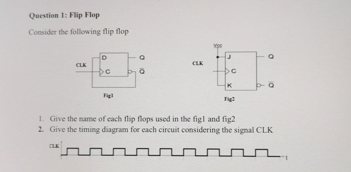 Question 1: Flip Flop
Consider the following flip flop
CLK
CLK
D
C
Figl
0 0
CLK
Vcc
J
C
K
Fig2
1. Give the name of each flip flops used in the figl and fig2
2. Give the timing diagram for each circuit considering the signal CLK