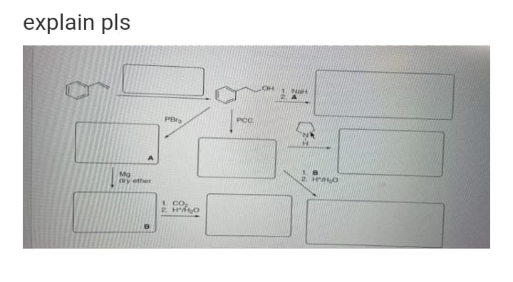 explain pls
NaH
PBrs
PCC
1. 8
2 HHO
Mg
dry ether
1. CO,
2 H O
