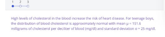 1
2 3
High levels of cholesterol in the blood increase the risk of heart disease. For teenage boys,
the distribution of blood cholesterol is approximately normal with mean u = 151.6
milligrams of cholesterol per deciliter of blood (mg/dl) and standard deviation o = 25 mg/dl.
