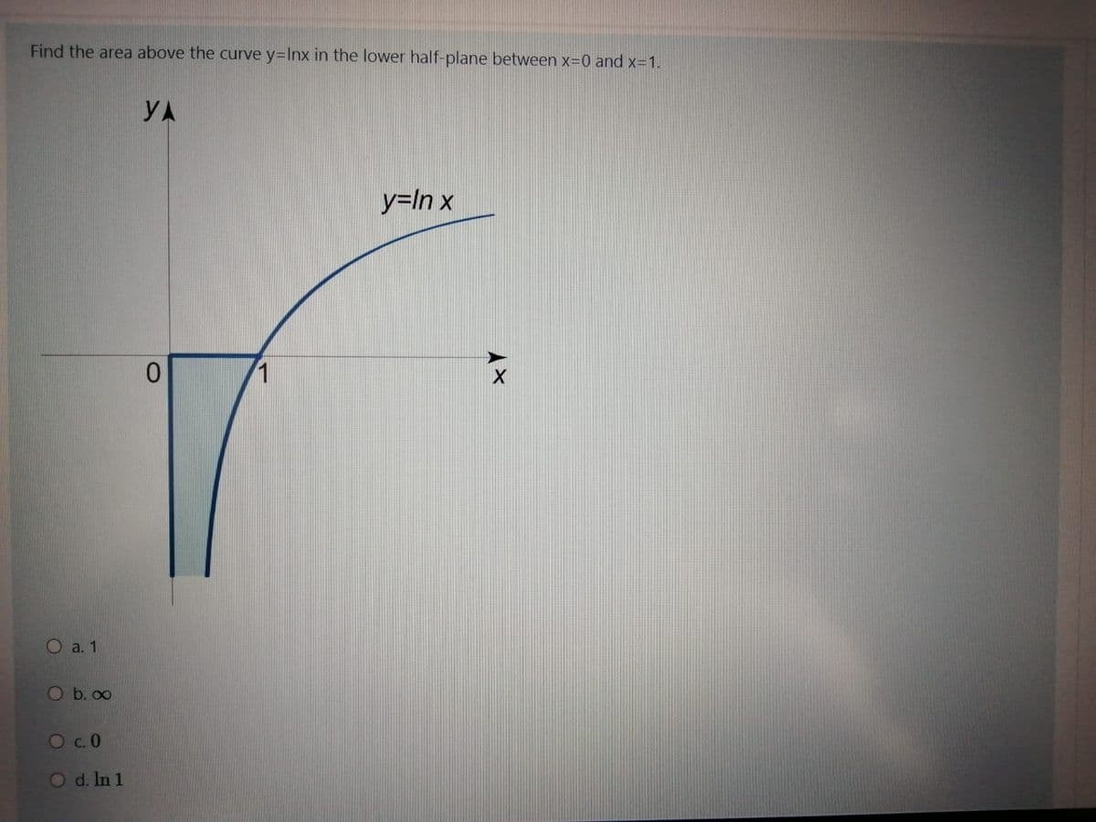 Find the area above the curve y=Inx in the lower half-plane between x-0 and x=1.
YA
y=In x
0.
1
O a. 1
O b. 00
Oc.0
O d. In 1
