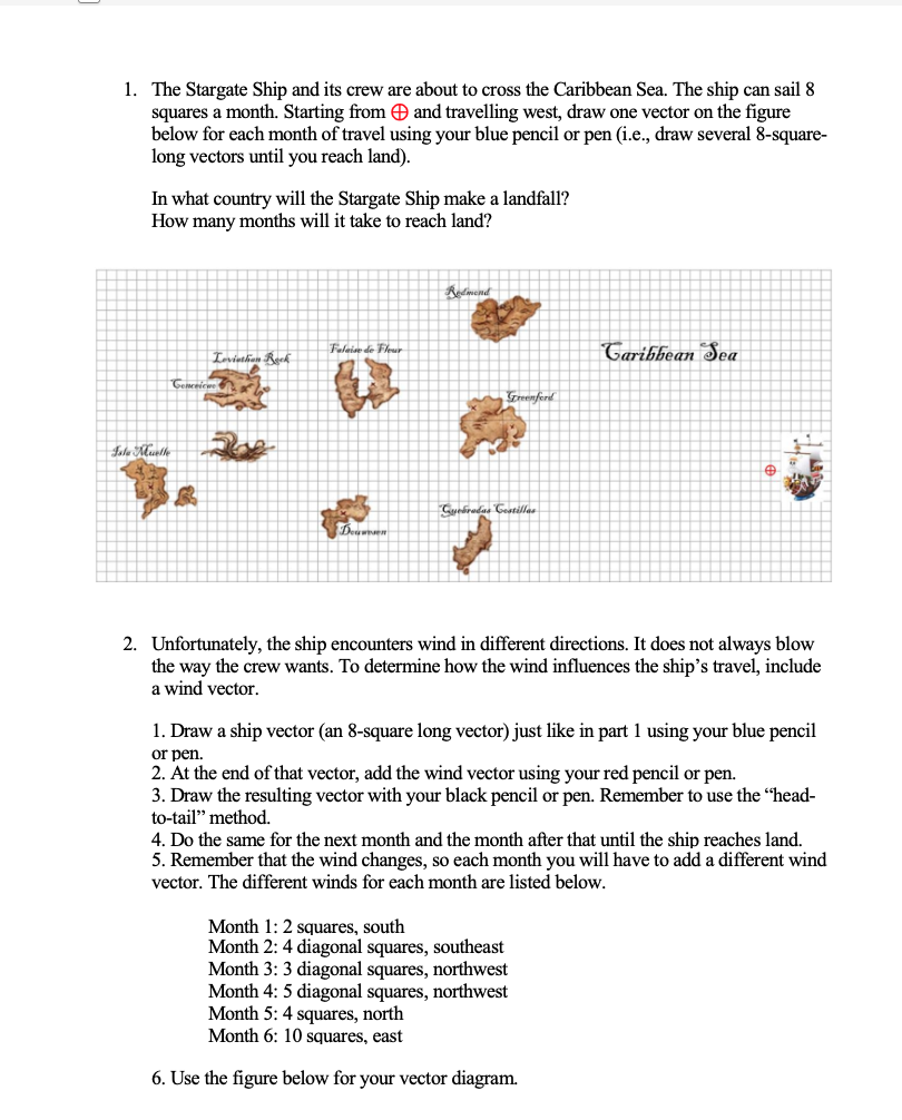 1. The Stargate Ship and its crew are about to cross the Caribbean Sea. The ship can sail 8
squares a month. Starting from O and travelling west, draw one vector on the figure
below for each month of travel using your blue pencil or pen (i.e., draw several 8-square-
long vectors until you reach land).
In what country will the Stargate Ship make a landfall?
How many months will it take to reach land?
Rodmend
Caribbean Sea
Faleise de Fleur
viethan Rek
zreenferd
Lele Mualle
Guedradas Costillas
Deama
2. Unfortunately, the ship encounters wind in different directions. It does not always blow
the way the crew wants. To determine how the wind influences the ship's travel, include
a wind vector.
1. Draw a ship vector (an 8-square long vector) just like in part 1 using your blue pencil
or pen
2. At the end of that vector, add the wind vector using your red pencil or pen.
3. Draw the resulting vector with your black pencil or pen. Remember to use the "head-
to-tail" method.
4. Do the same for the next month and the month after that until the ship reaches land.
5. Remember that the wind changes, so each month you will have to add a different wind
vector. The different winds for each month are listed below.
Month 1: 2 squares, south
Month 2: 4 diagonal squares, southeast
Month 3: 3 diagonal squares, northwest
Month 4: 5 diagonal squares, northwest
Month 5: 4 squares, north
Month 6: 10 squares, east
6. Use the figure below for your vector diagram.
