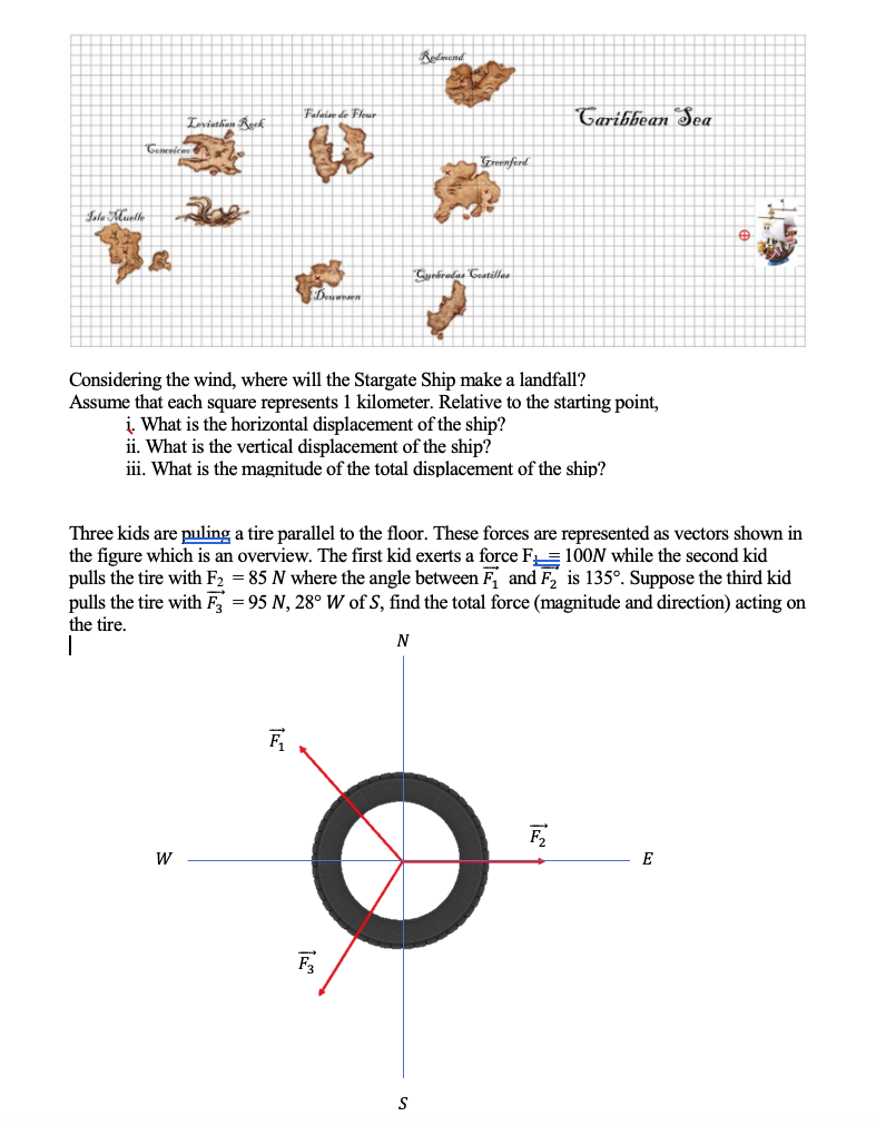 Redmend
Feleise de Fleur
Taribbean Sea
Leviethen Rek
Gemceiewe
preenferd
Tuebrodas Gostillas
Considering the wind, where will the Stargate Ship make a landfall?
Assume that each square represents 1 kilometer. Relative to the starting point,
į What is the horizontal displacement of the ship?
ii. What is the vertical displacement of the ship?
iii. What is the magnitude of the total displacement of the ship?
Three kids are puling a tire parallel to the floor. These forces are represented as vectors shown in
the figure which is an overview. The first kid exerts a force F= 100N while the second kid
pulls the tire with F2 = 85 N where the angle between F, and F, is 135°. Suppose the third kid
pulls the tire with F = 95 N, 28°W of S, find the total force (magnitude and direction) acting on
the tire.
N
F
W
E
S
