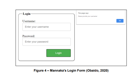 Login-
This page says
Please provide your usermamet
Username:
OK
Enter your username
Password:
Enter your password
Login
Figure 4 - Mannaka's Login Form (Obaido, 2020)

