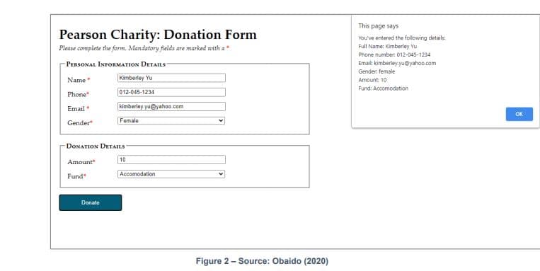 This page says
Pearson Charity: Donation Form
Vou've entered the following details:
Full Name: Kimberley Vu
Please complete the form. Mandatory fields are marked with a
Phone number: 012-045-1234
PERSONAL INFORMATION DETAILS
Email: kimberley.yueyahoo.com
Gender: female
Name
Kimberley Yu
Amount 10
Fund: Accomodation
Phone
012-045-1234
Email
kimberley yu@yahoo.com
OK
Female
Gender
DONATION DETAILS
10
Amount"
Fund
Accomodation
Donate
Figure 2 - Source: Obaido (2020)
