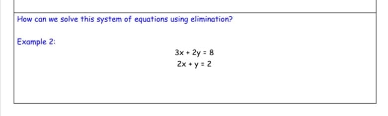How can we solve this system of equations using elimination?
Example 2:
3x + 2y = 8
2x + y = 2

