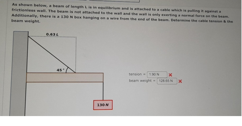 As shown below, a beam of length L is in equilibrium and is attached to a cable which is pulling it against a
frictionless wall. The beam is not attached to the wall and the wall is only exerting a normal force on the beam.
Additionally, there is a 130 N box hanging on a wire from the end of the beam. Determine the cable tension & the
beam weight.
0.63 L
45°
tension =
1.90 N
beam weight
128.65 N
%3D
130 N
