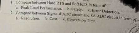 1. Compare between Hard RTS and Soft RTS in term of:
a. Peak Load Performance. b. Safety. e. Error Detection.
2. Compare between Sigma-A ADC circuit and SA ADC circuit in term of
a. Resolution. b. Cost.
e. Conversion Time.