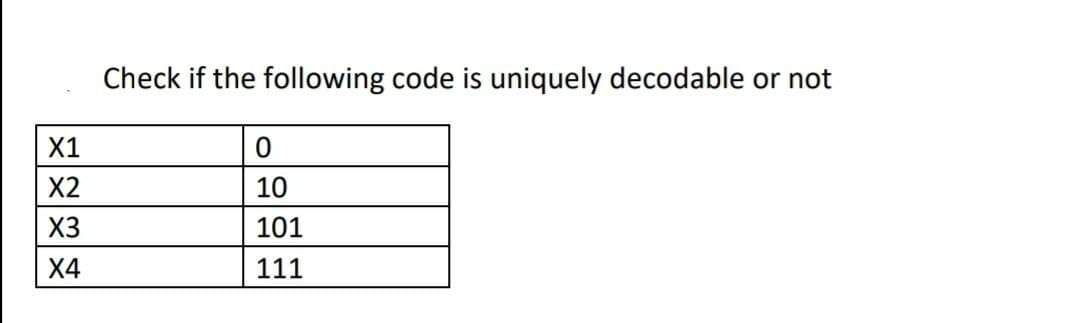Check if the following code is uniquely decodable or not
X1
X2
10
X3
101
Х4
111
