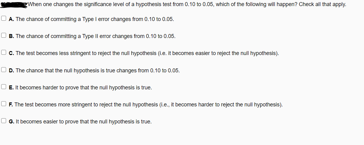 When one changes the significance level of a hypothesis test from 0.10 to 0.05, which of the following will happen? Check all that apply.
O A. The chance of committing a Type I error changes from 0.10 to 0.05.
O B. The chance of committing a Type Il error changes from 0.10 to 0.05.
O C. The test becomes less stringent to reject the null hypothesis (i.e. it becomes easier to reject the null hypothesis).
O D. The chance that the null hypothesis is true changes from 0.10 to 0.05.
O E. It becomes harder to prove that the null hypothesis is true.
O F. The test becomes more stringent to reject the null hypothesis (i.e., it becomes harder to reject the null hypothesis).
O G. It becomes easier to prove that the null hypothesis is true.
