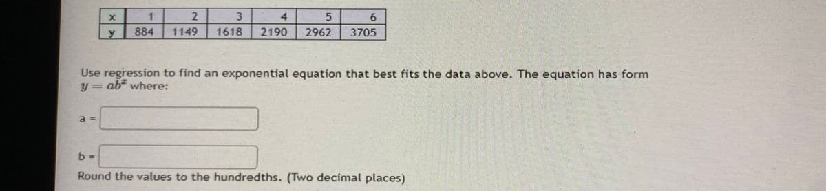 X
y
1
884
2
1149
3
4
5
6
1618 2190 2962 3705
Use regression to find an exponential equation that best fits the data above. The equation has form
y = ab² where:
b =
Round the values to the hundredths. (Two decimal places)