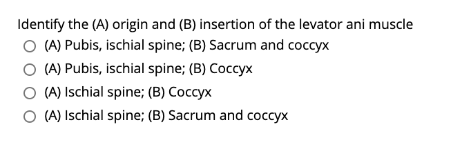 Identify the (A) origin and (B) insertion of the levator ani muscle
O (A) Pubis, ischial spine; (B) Sacrum and coccyx
O (A) Pubis, ischial spine; (B) Coccyx
O (A) Ischial spine; (B) Coccyx
O (A) Ischial spine; (B) Sacrum and coccyx
