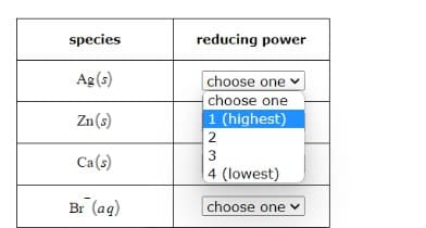 species
Ag(s)
Zn(s)
Ca(s)
Br (aq)
reducing power
choose one
choose one
1 (highest)
2
3
4 (lowest)
choose one