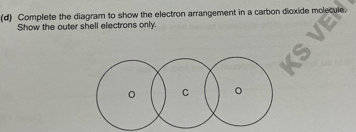 (d) Complete the diagram to show the electron arrangement in a carbon dioxide molecule.
Show the outer shell electrons only.
C
KS VEN
