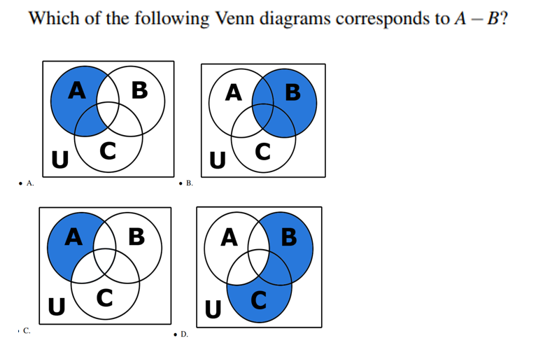 Which of the following Venn diagrams corresponds to A - B?
. А.
с.
A
U
A
U
с
C
B
B
. B.
. D.
A В
U C
A
A / \ B
U
с