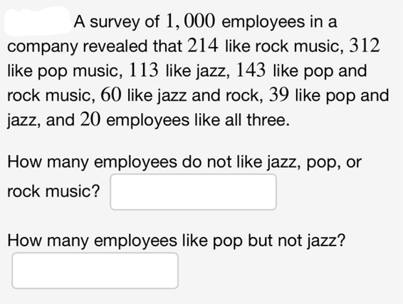 A survey of 1,000 employees in a
company revealed that 214 like rock music, 312
like pop music, 113 like jazz, 143 like pop and
rock music, 60 like jazz and rock, 39 like pop and
jazz, and 20 employees like all three.
How many employees do not like jazz, pop, or
rock music?
How many employees like pop but not jazz?