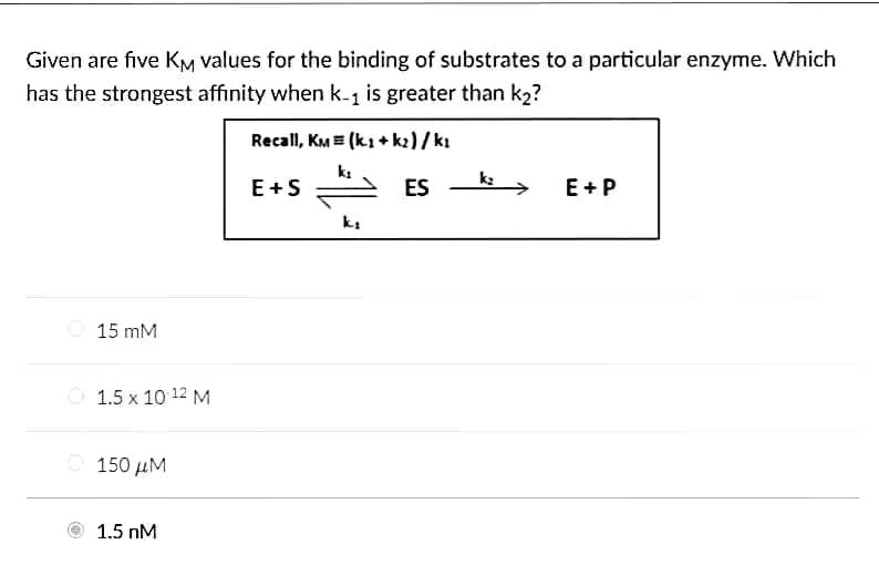 Given are five KM values for the binding of substrates to a particular enzyme. Which
has the strongest affinity when k-1 is greater than k2?
15 mM
1.5 x 10:12 M
€ 150 μ.
1.5 nM
Recall, KM (k.1+k₂)/k1
k₂
E+S
ES
k₂
k₂
E+P