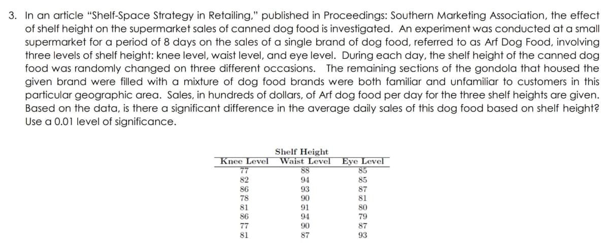 3. In an article "Shelf-Space Strategy in Retailing," published in Proceedings: Southern Marketing Association, the effect
of shelf height on the supermarket sales of canned dog food is investigated. An experiment was conducted at a small
supermarket for a period of 8 days on the sales of a single brand of dog food, referred to as Arf Dog Food, involving
three levels of shelf height: knee level, waist level, and eye level. During each day, the shelf height of the canned dog
food was randomly changed on three different occasions. The remaining sections of the gondola that housed the
given brand were filled with a mixture of dog food brands were both familiar and unfamiliar to customers in this
particular geographic area. Sales, in hundreds of dollars, of Arf dog food per day for the three shelf heights are given.
Based on the data, is there a significant difference in the average daily sales of this dog food based on shelf height?
Use a 0.01 level of significance.
Shelf Height
Waist Level
88
TT
Knee Level
77
Eye Level
85
82
94
85
86
93
90
87
78
81
81
91
80
86
94
79
77
90
87
81
87
93
