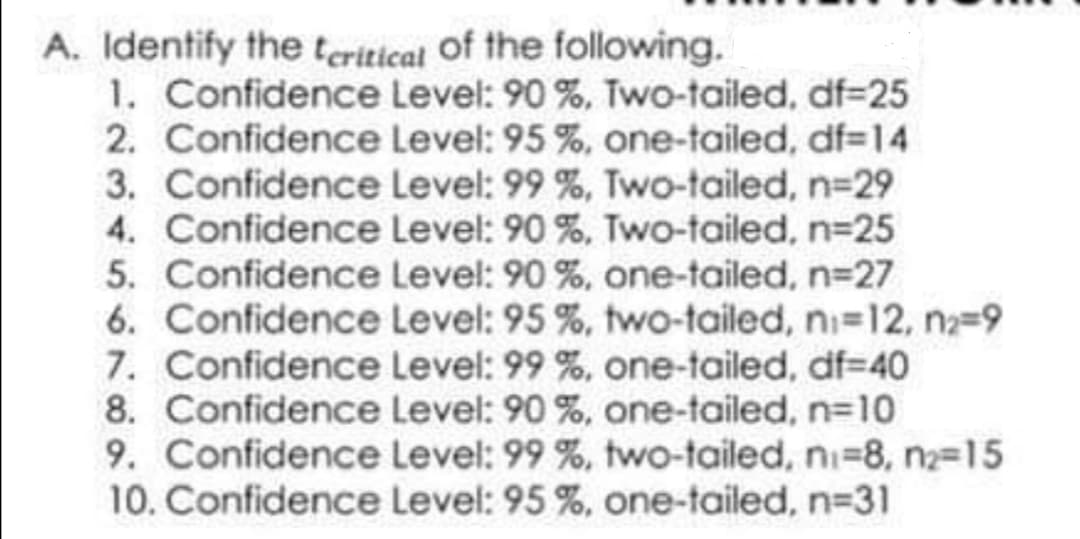 A. Identify the teritical of the following.
1. Confidence Level: 90 %, Two-tailed, df=25
2. Confidence Level: 95 %, one-tailed, df=14
3. Confidence Level: 99 %, Two-tailed, n=29
4. Confidence Level: 90 %, Two-tailed, n=25
5. Confidence Level: 90 %, one-tailed, n=27
6. Confidence Level: 95 %, two-tailed, ni-12, n2-9
7. Confidence Level: 99 %, one-tailed, df=40
8. Confidence Level: 90 %, one-tailed, n=10
9. Confidence Level: 99 %, two-tailed, ni=8, n2-15
10. Confidence Level: 95 %, one-tailed, n=31

