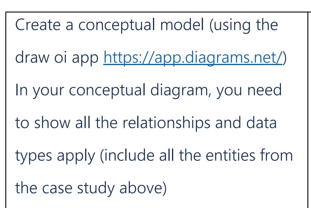 Create a conceptual model (using the
draw oi app https://app.diagrams.net/)
In your conceptual diagram, you need
to show all the relationships and data
types apply (include all the entities from
the case study above)