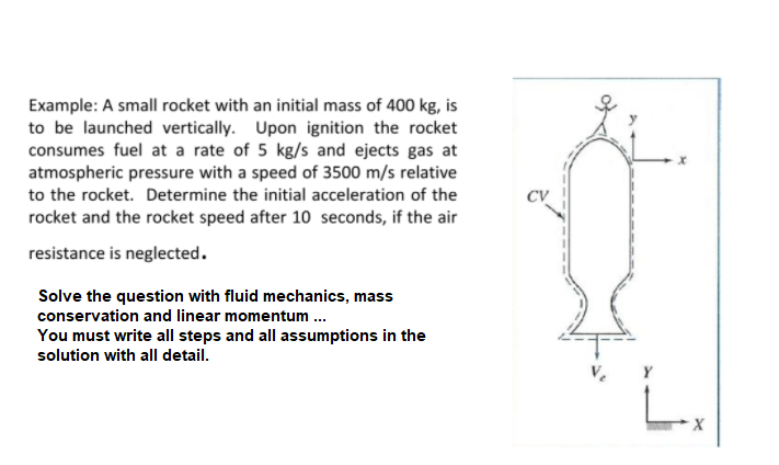 Example: A small rocket with an initial mass of 400 kg, is
to be launched vertically. Upon ignition the rocket
consumes fuel at a rate of 5 kg/s and ejects gas at
atmospheric pressure with a speed of 3500 m/s relative
to the rocket. Determine the initial acceleration of the
CV
rocket and the rocket speed after 10 seconds, if the air
resistance is neglected.
Solve the question with fluid mechanics, mass
conservation and linear momentum ..
You must write all steps and all assumptions in the
solution with all detail.
Y

