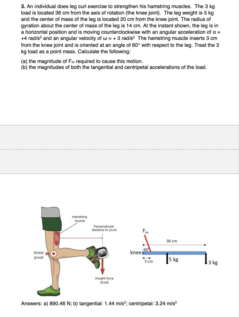 3. An individual does leg curl exercise to strengthen his hamstring muscles. The 3 kg
load is located 36 cm from the axis of rotation (the knee joint). The leg weight is 5 kg
and the center of mass of the leg is located 20 cm from the knee joint. The radius of
gyration about the center of mass of the leg is 14 cm. At the instant shown, the leg is in
a horizontal position and is moving counterclockwise with an angular acceleration of a =
+4 rad/s² and an angular velocity of w = +3 rad/s² The hamstring muscle inserts 3 cm
from the knee joint and is oriented at an angle of 60° with respect to the leg. Treat the 3
kg load as a point mass. Calculate the following:
(a) the magnitude of Fm required to cause this motion.
(b) the magnitudes of both the tangential and centripetal accelerations of the load.
Knee
pivot
Hamstring
muscle
Perpendicular
distance to pivot
Weight force
(load)
Fm
36 cm
60
knees
5 kg
3 cm
3 kg
Answers: a) 890.46 N; b) tangential: 1.44 m/s²; centripetal: 3.24 m/s²