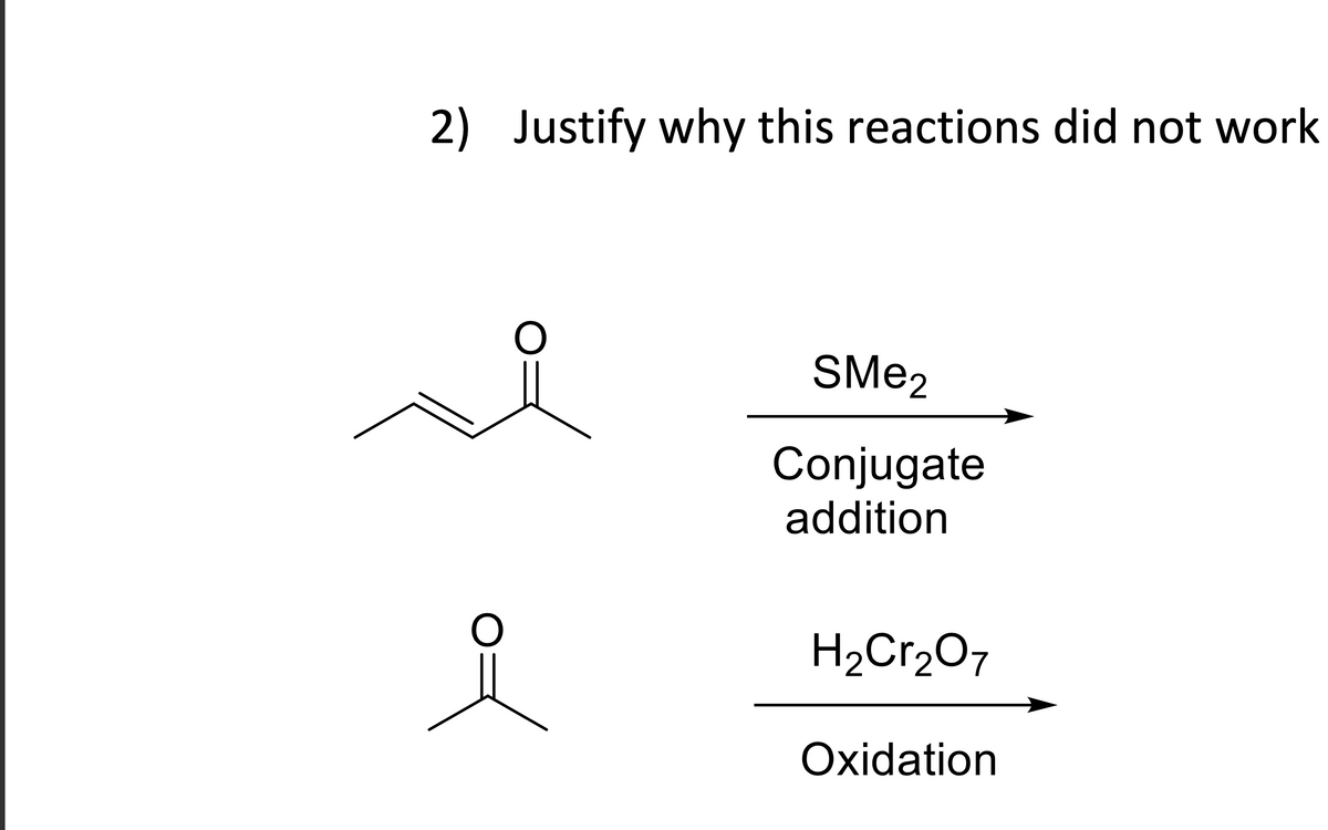 2) Justify why this reactions did not work
SME2
Conjugate
addition
H2Cr2O7
Oxidation

