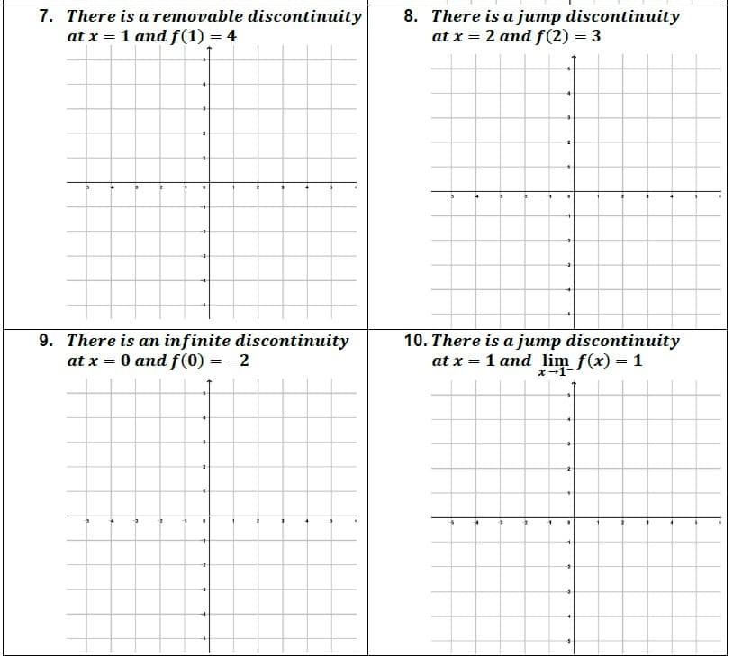 學
7. There is a removable discontinuity
8. There is a jump discontinuity
at x = 2 and f(2) = 3
at x = 1 and f(1) = 4
9. There is an infinite discontinuity
at x = 0 and f(0) = -2
10. There is a jump discontinuity
at x = 1 and lim f(x) = 1
