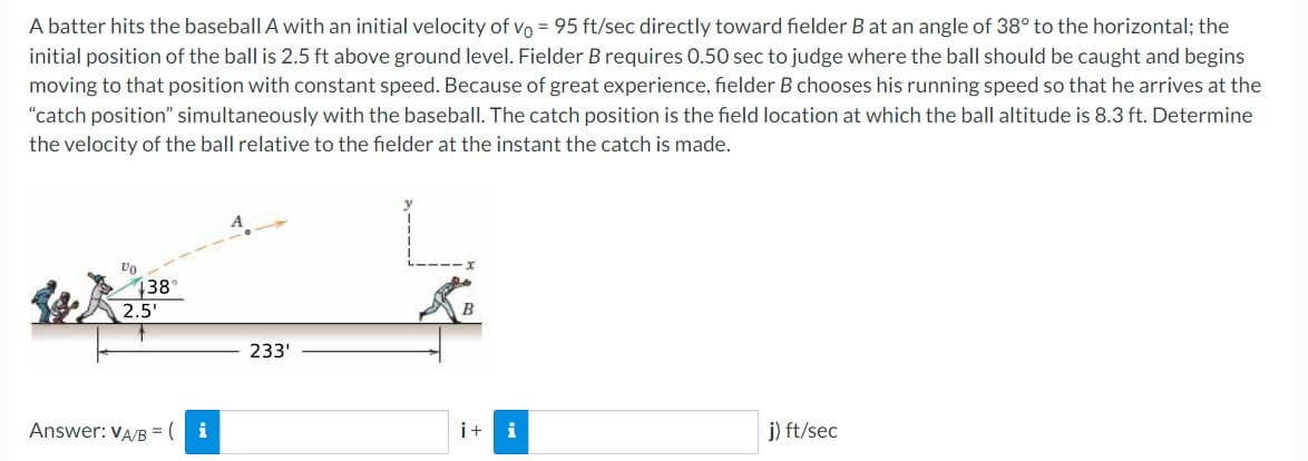 A batter hits the baseball A with an initial velocity of vo = 95 ft/sec directly toward fielder B at an angle of 38° to the horizontal; the
initial position of the ball is 2.5 ft above ground level. Fielder B requires 0.50 sec to judge where the ball should be caught and begins
moving to that position with constant speed. Because of great experience, fielder B chooses his running speed so that he arrives at the
"catch position" simultaneously with the baseball. The catch position is the field location at which the ball altitude is 8.3 ft. Determine
the velocity of the ball relative to the fielder at the instant the catch is made.
Vo
138
2.5'
Answer: VA/B = (
i
233'
AB
i + i
j) ft/sec