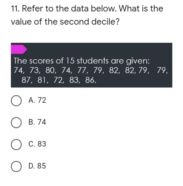 11. Refer to the data below. What is the
value of the second decile?
The scores of 15 students are given:
74, 73, 80, 74, 77, 79, 82, 82, 79, 79,
87, 81, 72, 83, 86.
О А. 72
О в. 74
О с. 83
O D. 85
