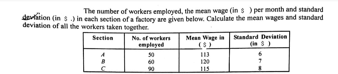 The number of workers employed, the mean wage (in $ ) per month and standard
devřation (in $ .) in each section of a factory are given below. Calculate the mean wages and standard
deviation of all the workers taken together.
Standard Deviation
Mean Wage in
( $ )
Section
No. of workers
employed
(in $ )
50
113
6.
B
60
120
7
C
90
115
8.
