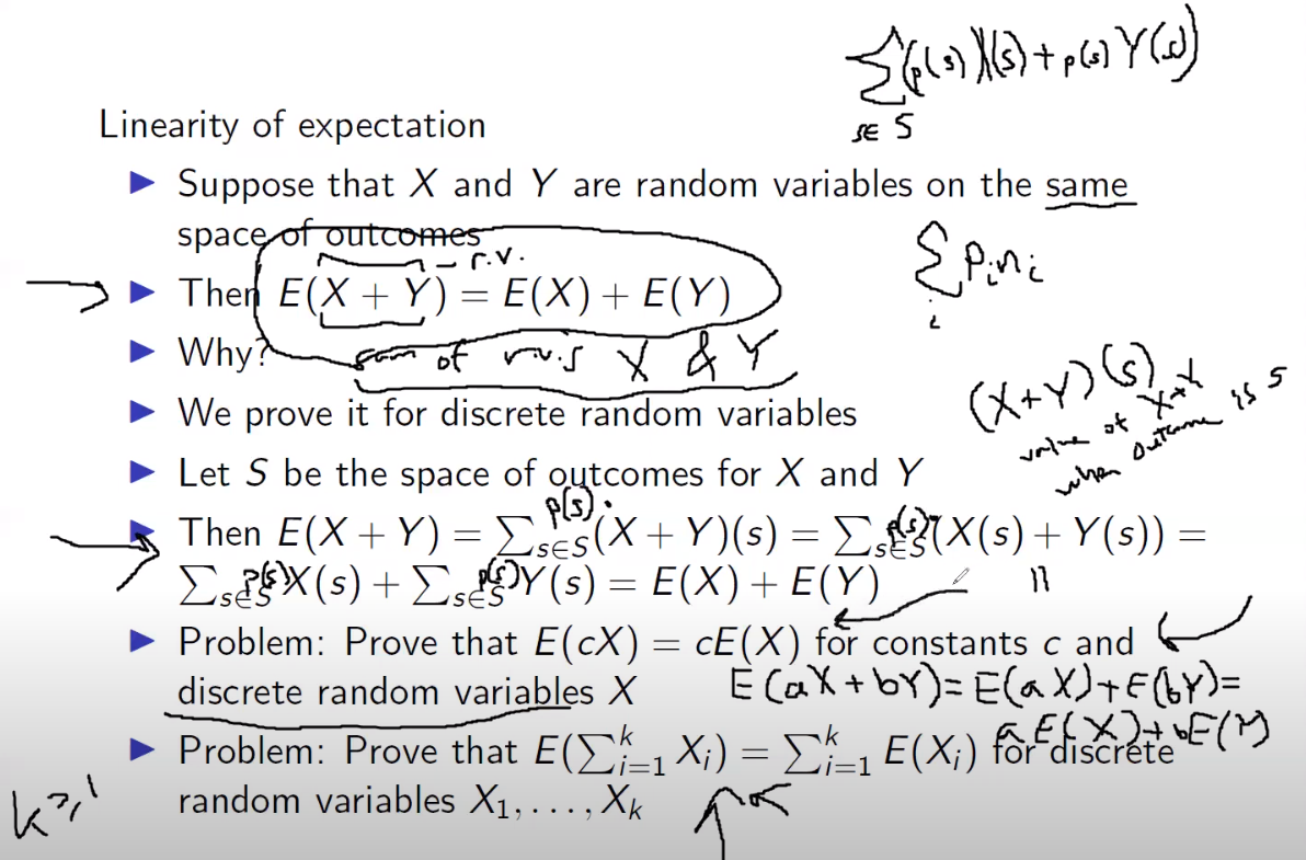 Linearity of expectation
SE S
Suppose that X and Y are random variables on the same
space of outcOmes
Then E(X + Y) = E(X)+ E(Y).
Why?
r.v.
We prove it for discrete random variables
(X+y) G).
valne of X+Y
when outame is s
• Let S be the space of outcomes for X and Y
Then E(X + Y) = ESES(X+ Y)(s) = EX(s) + Y(s)):
EsX(s) + Es?Y(s) = E(X)+ E(Y) 1
Problem: Prove that E(cX) = cE(X) for constants c and
discrete random variables X
SES
• Problem: Prove that E(E X;) = E, E(X;)
random variables X1, . . . , Xk
È CaX +bY)= E(aX)+E(bY)=
fofdiscreteE(M
i=1
discréte
