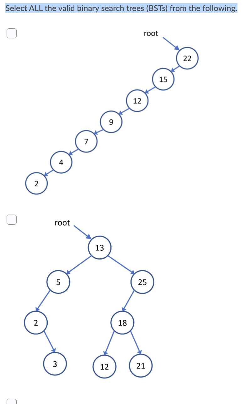 Select ALL the valid binary search trees (BSTS) from the following.
root
22
15
12
2
root
13
25
2
18
3
12
21
