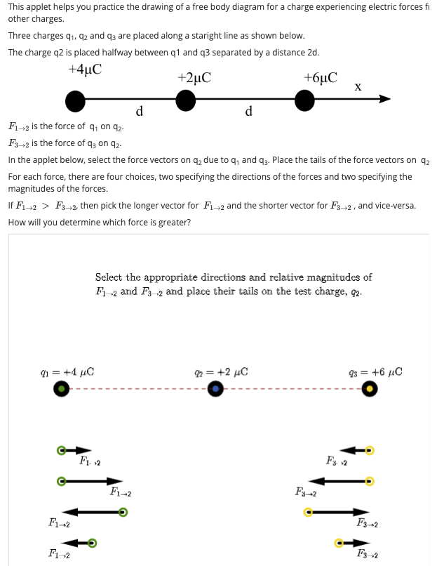 This applet helps you practice the drawing of a free body diagram for a charge experiencing electric forces fi
other charges.
Three charges 9₁, 92 and q3 are placed along a staright line as shown below.
The charge q2 is placed halfway between q1 and q3 separated by a distance 2d.
+4uC
+2μC
+6μС
91 = +4μC
F1-2
F1-2 is the force of q₁ on 92.
F3+2 is the force of q3 on q2-
In the applet below, select the force vectors on q₂ due to q₁ and 93. Place the tails of the force vectors on 92
For each force, there are four choices, two specifying the directions of the forces and two specifying the
magnitudes of the forces.
If F1 2 > F3+2, then pick the longer vector for F₁2 and the shorter vector for F3-2, and vice-versa.
How will you determine which force is greater?
F1-2
d
F₁ 2
d
F1-2
Select the appropriate directions and relative magnitudes of
F1-2 and F3-2 and place their tails on the test charge, 92.
92 = +2 μC
X
F3-2
93 = +6 μC
F3, 12
F3-2
F3-2