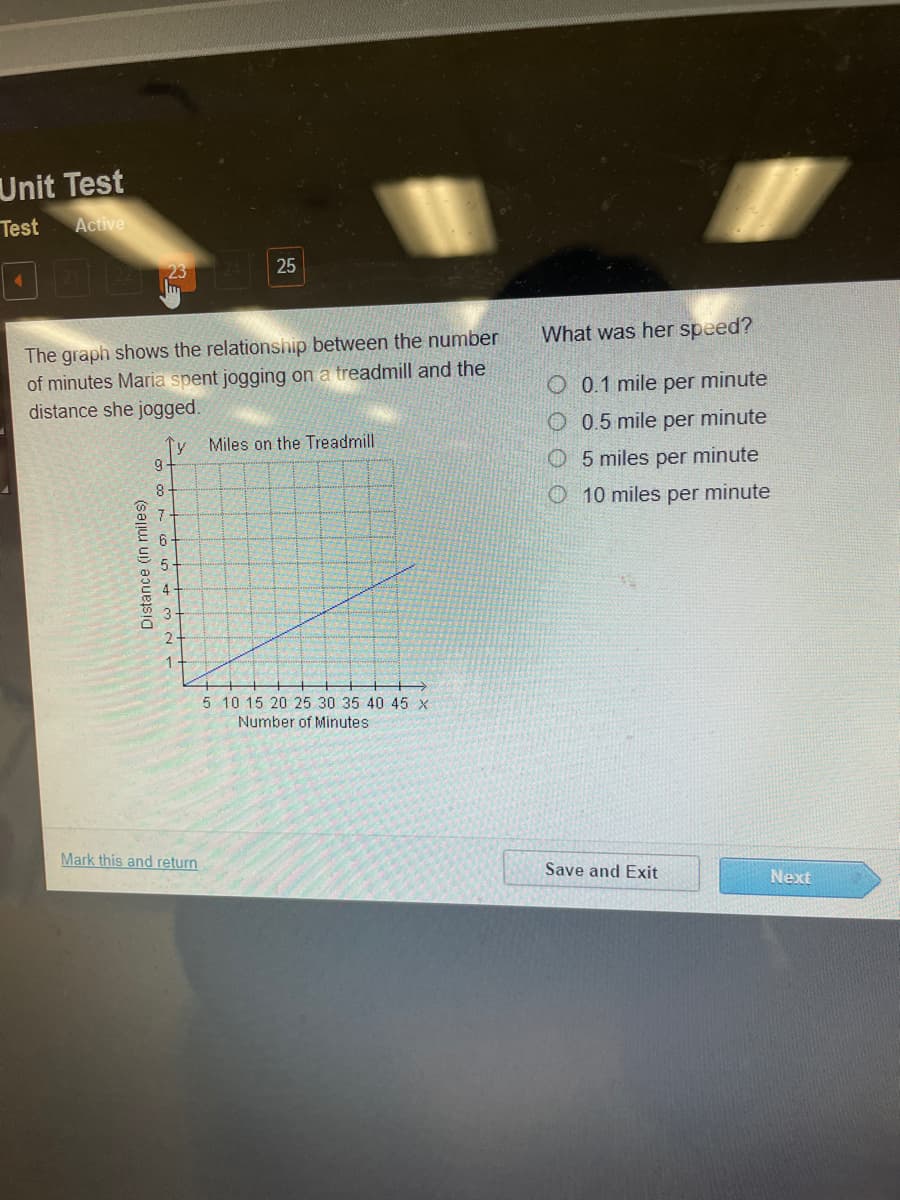 Unit Test
Test
Active
25
What was her speed?
The graph shows the relationship between the number
of minutes Maria spent jogging on a treadmill and the
distance she jogged.
O 0.1 mile per minute
O 0.5 mile per minute
Ty Miles on the Treadmill
9-
O 5 miles per minute
8-
O 10 miles per minute
5 10 15 20 25 30 35 40 45 x
Number of Minutes
Mark this and return
Save and Exit
Next
Distance (in miles)
