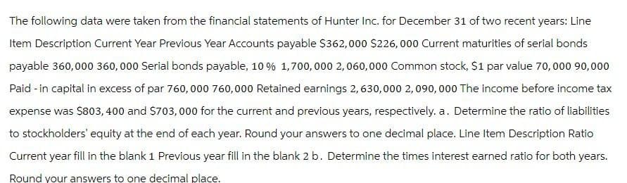The following data were taken from the financial statements of Hunter Inc. for December 31 of two recent years: Line
Item Description Current Year Previous Year Accounts payable $362,000 $226,000 Current maturities of serial bonds
payable 360,000 360,000 Serial bonds payable, 10 % 1,700,000 2,060,000 Common stock, $1 par value 70,000 90,000
Paid-in capital in excess of par 760,000 760,000 Retained earnings 2, 630,000 2,090,000 The income before income tax
expense was $803, 400 and $703,000 for the current and previous years, respectively. a. Determine the ratio of liabilities
to stockholders' equity at the end of each year. Round your answers to one decimal place. Line Item Description Ratio
Current year fill in the blank 1 Previous year fill in the blank 2 b. Determine the times interest earned ratio for both years.
Round your answers to one decimal place.