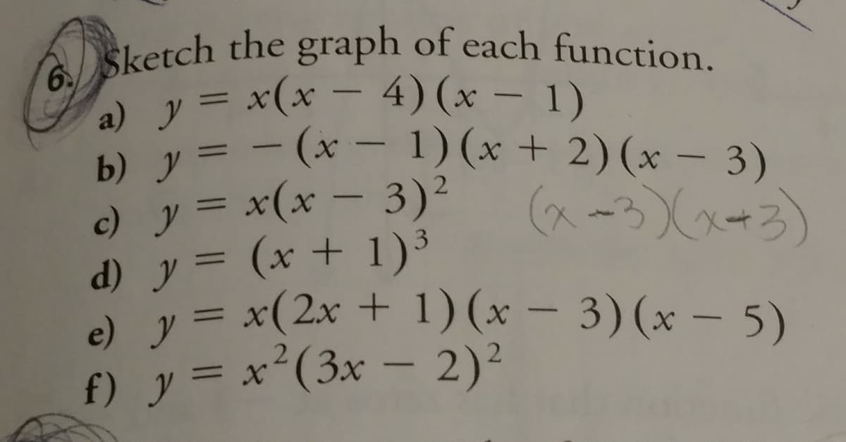 sketch the graph of each function.
) y = x(x – 4)(x – 1)
)ソ=- (x- 1) (x + 2) (x- 3)
c) y = x(x - 3)²
d) y = (x + 1)³
e) y = x(2x + 1)(x – 3)(x – 5)
f) y = x´(3x – 2)²
%3D
b) у
2.
ター3ハーろ)
%3D
2.
%3D
