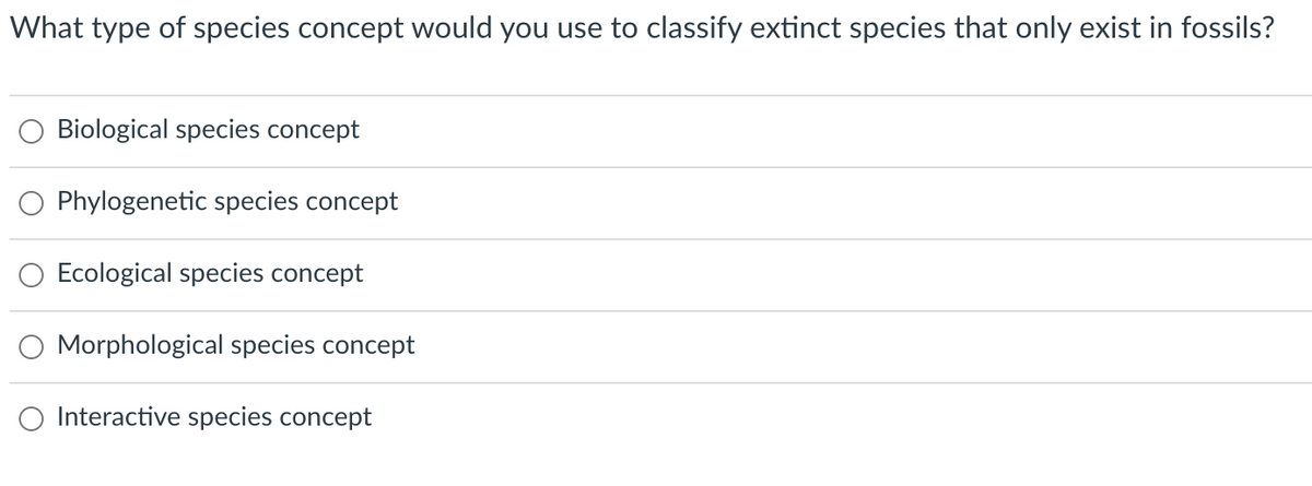 What type of species concept would you use to classify extinct species that only exist in fossils?
Biological species concept
Phylogenetic species concept
Ecological species concept
Morphological species concept
Interactive species concept
