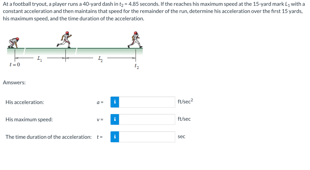 At a football tryout, a player runs a 40-yard dash in t₂ = 4.85 seconds. If the reaches his maximum speed at the 15-yard mark L₁ with a
constant acceleration and then maintains that speed for the remainder of the run, determine his acceleration over the first 15 yards,
his maximum speed, and the time duration of the acceleration.
t=0
Amswers:
L₁
His acceleration:
His maximum speed:
The time duration of the acceleration:
1₂
a =
V =
t =
i
i
i
ft/sec²
ft/sec
sec