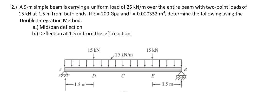 2.) A 9-m simple beam is carrying a uniform load of 25 kN/m over the entire beam with two-point loads of
15 kN at 1.5 m from both ends. If E = 200 Gpa and I = 0.000332 m, determine the following using the
Double Integration Method:
a.) Midspan deflection
b.) Deflection at 1.5 m from the left reaction.
15 kN
15 kN
25 kN/m
D
1.5 m
E1.5 m-
