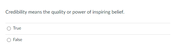 Credibility means the quality or power of inspiring belief.
O True
False
