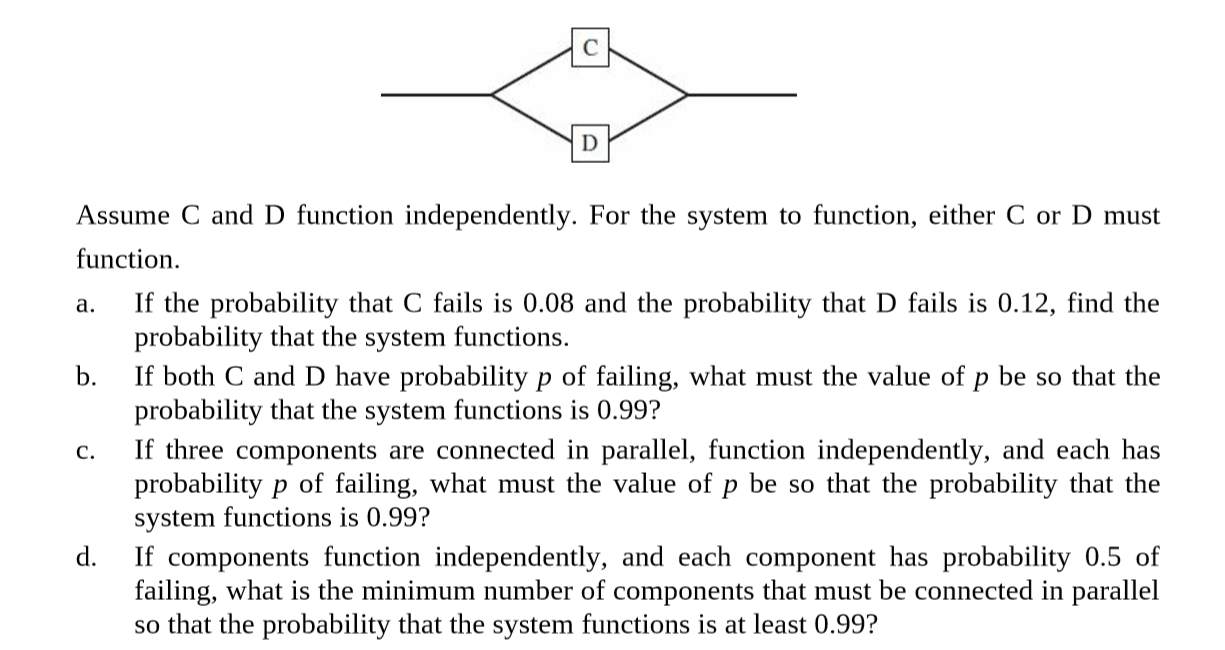 Assume C and D function independently. For the system to function, either C or D must
function.
If the probability that C fails is 0.08 and the probability that D fails is 0.12, find the
probability that the system functions.
If both C and D have probability p of failing, what must the value of p be so that the
probability that the system functions is 0.99?
If three components are connected in parallel, function independently, and each has
probability p of failing, what must the value of p be so that the probability that the
system functions is 0.99?
If components function independently, and each component has probability 0.5 of
failing, what is the minimum number of components that must be connected in parallel
so that the probability that the system functions is at least 0.99?
a.
b.
C.
d.

