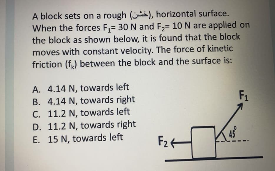 A block sets on a rough (), horizontal surface.
When the forces F,= 30 N and F2= 10 N are applied on
the block as shown below, it is found that the block
moves with constant velocity. The force of kinetic
friction (f) between the block and the surface is:
A. 4.14 N, towards left
B. 4.14 N, towards right
C. 11.2 N, towards left
D. 11.2 N, towards right
E. 15 N, towards left
F1
F2+

