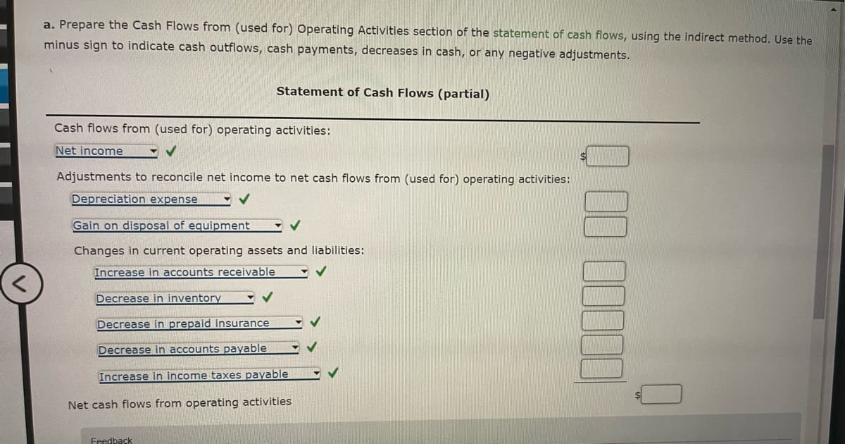 a. Prepare the Cash Flows from (used for) Operating Activities section of the statement of cash flows, using the indirect method. Use the
minus sign to indicate cash outflows, cash payments, decreases in cash, or any negative adjustments.
Statement of Cash Flows (partial)
Cash flows from (used for) operating activities:
Net income
✓
Adjustments to reconcile net income to net cash flows from (used for) operating activities:
Depreciation expense ✓ ✓
Gain on disposal of equipment
✓
Changes in current operating assets and liabilities:
Increase in accounts receivable
Decrease in inventory
Decrease in prepaid insurance
Decrease in accounts payable
Increase in income taxes payable
Net cash flows from operating activities
Feedback
00 00000