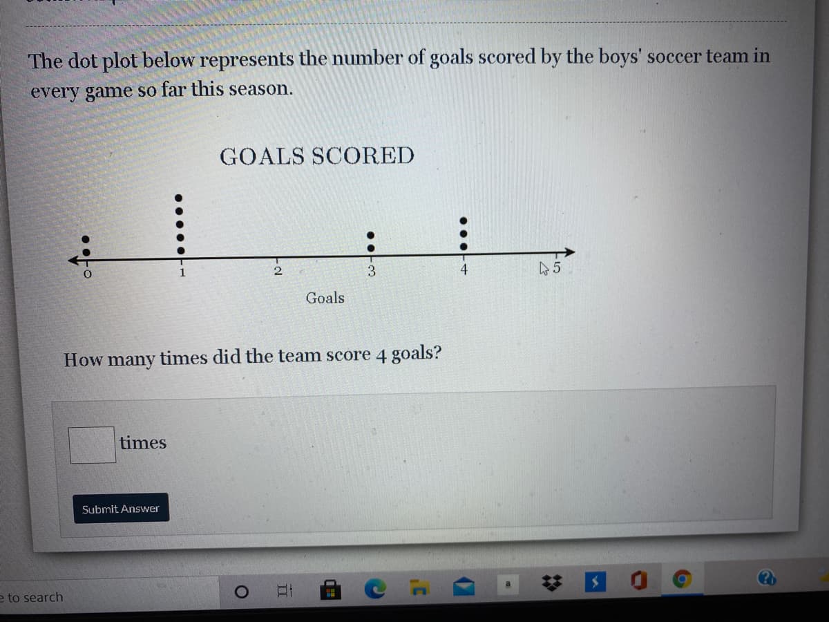 The dot plot below represents the number of goals scored by the boys' soccer team in
every game so far this season.
GOALS SCORED
4
Goals
How many times did the team score 4 goals?
times
Submit Answer
e to search
%2:
