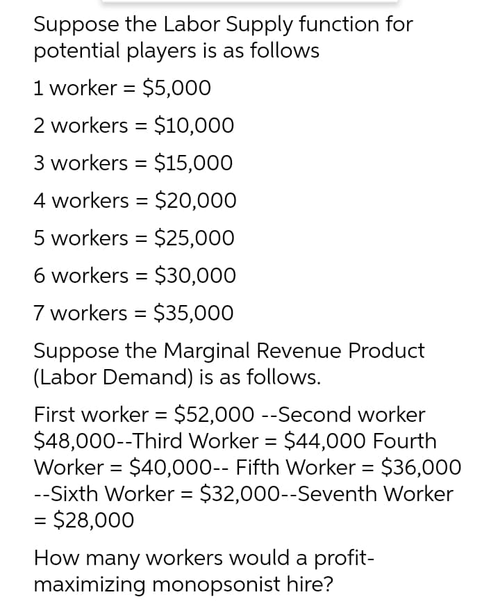 Suppose the Labor Supply function for
potential players is as follows
1 worker = $5,000
2 workers = $10,000
3 workers = $15,000
4 workers = $20,000
%3D
5 workers = $25,000
%3D
6 workers = $30,000
7 workers = $35,000
Suppose the Marginal Revenue Product
(Labor Demand) is as follows.
First worker = $52,000 --Second worker
$48,000--Third Worker = $44,000 Fourth
Worker = $40,000-- Fifth Worker = $36,000
--Sixth Worker = $32,000--Seventh Worker
= $28,000
%3D
%3D
How many workers would a profit-
maximizing monopsonist hire?
